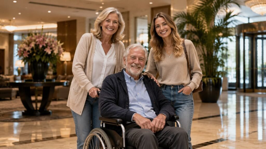 Älterer Mann im Rollstuhl mit zwei Angehörigen in einer Hotellobby. Das Bild steht symbolisch für Barrierefreiheit, Inklusion und einen zugänglichen Aufenthalt in Hotels und Gastronomiebetrieben.